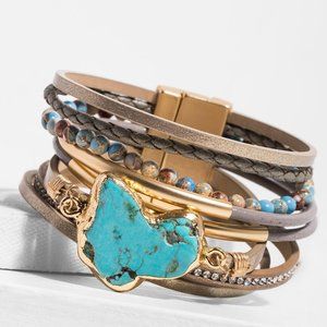 new SAACHI SORAYA NATURAL STONE turquoise cuff jewelry bracelet leather crystals